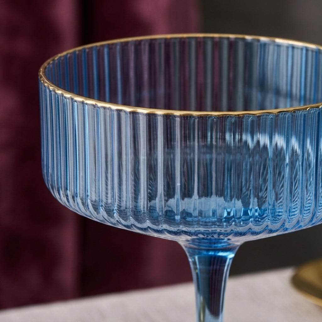 Azure Blue Ribbed Coupe Glass Set (Set of 6)