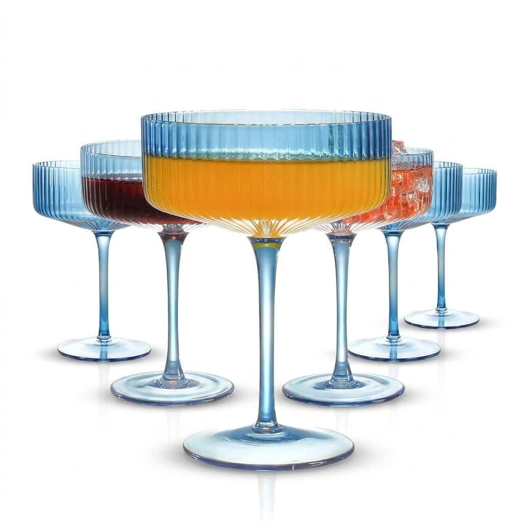 Azure Blue Ribbed Coupe Glass Set (Set of 6)