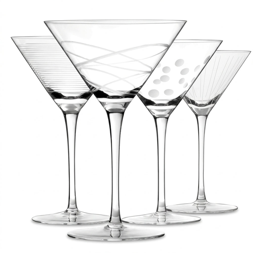 Mixed Etched Pattern Tall Stem Martini Glass Set (Set of 4)