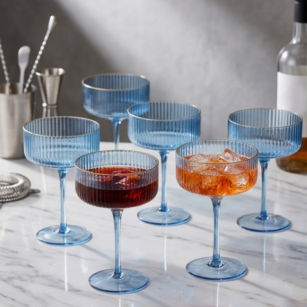 Azure Blue Ribbed Coupe Glass Set (Set of 6)