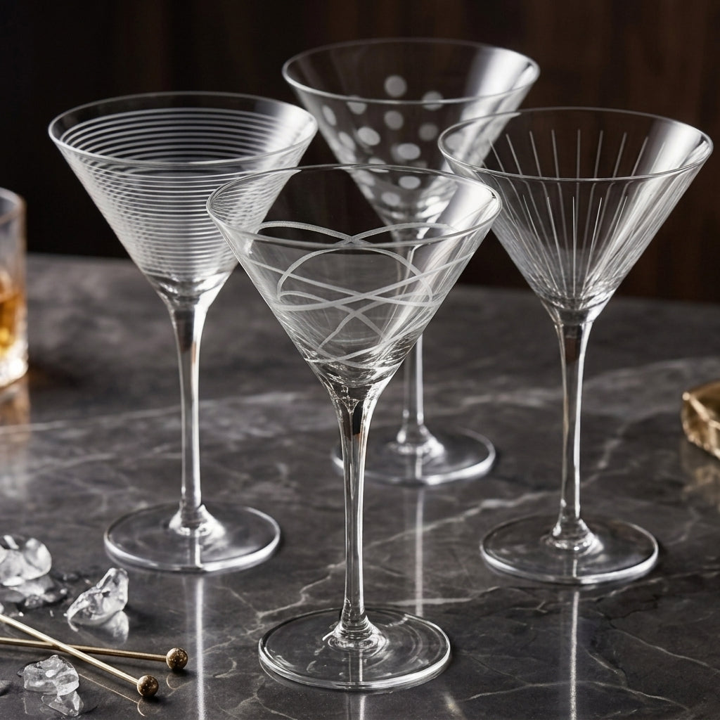 Mixed Etched Pattern Tall Stem Martini Glass Set (Set of 4)