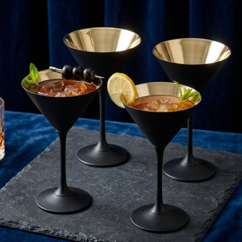 Luxurious Matte Black and Gold Interior Martini Glass Set (Set of 4)